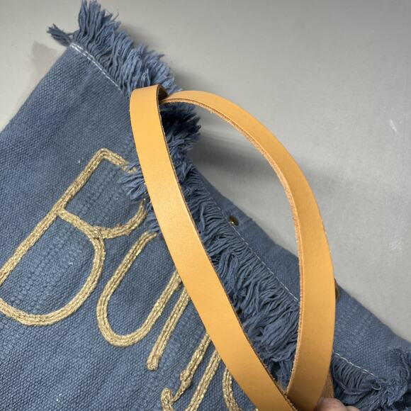 Bonjour Canvas Tote Bag Blue with Fringe Top Boho Summer Beachy Coastal - Picture 4 of 8